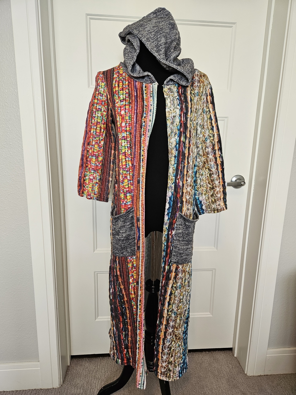 Long Multicolor Hooded Cardigan Sweater - Gray Trim & 3/4 Sleeves